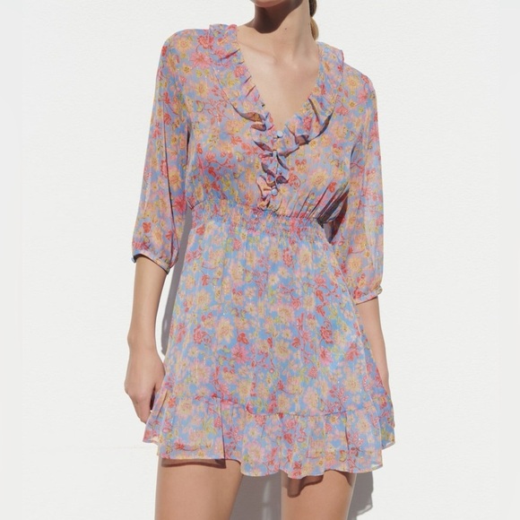 Zara Floral Mini Dress Metallic Thread Spring Summer Ruffle - Picture 6 of 6
